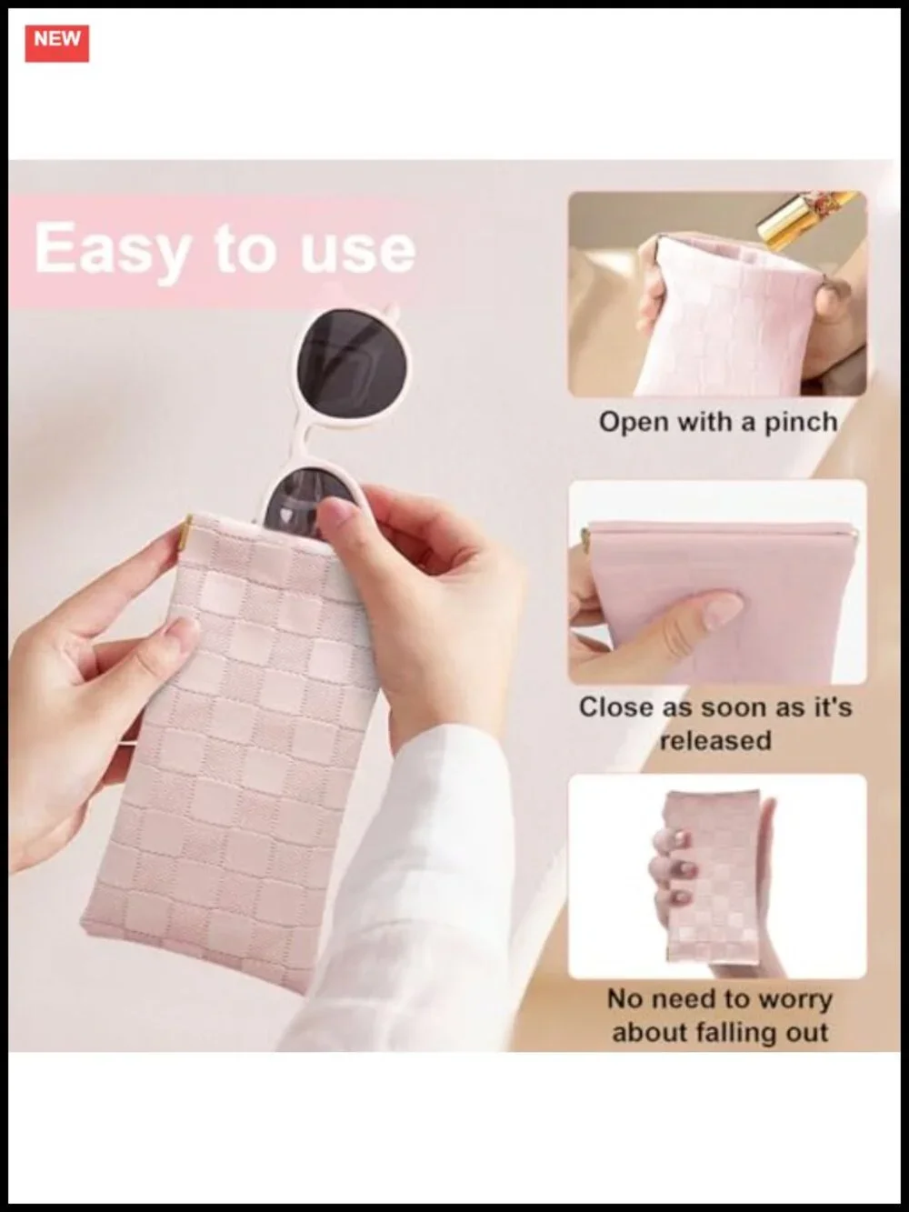 Waterproof Leather Checkered Cosmetic Bags for Women Set of 4 No Zipper